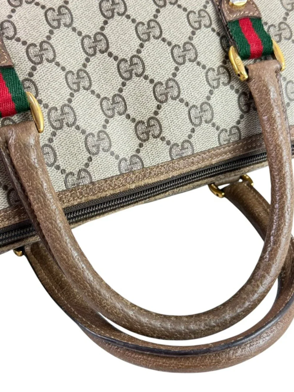 GUCCI Beige Canvas GG Monogram Web Accent Supreme Boston Bag Made in Italy